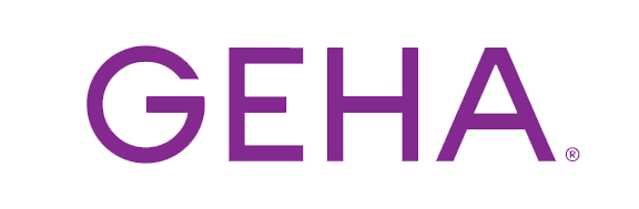 The image features a logo with the text  GEHA  prominently displayed in white letters against a purple background, set within a rectangular frame with rounded corners.